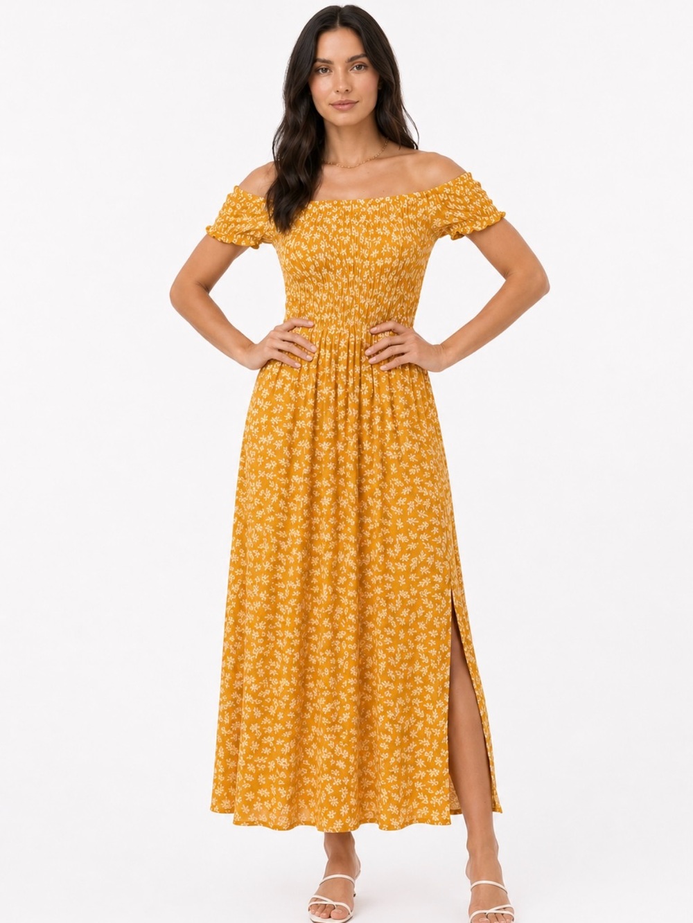 Lark & Grey Smocked Midi Dress Mustard Floral Off Shoulder Flowing